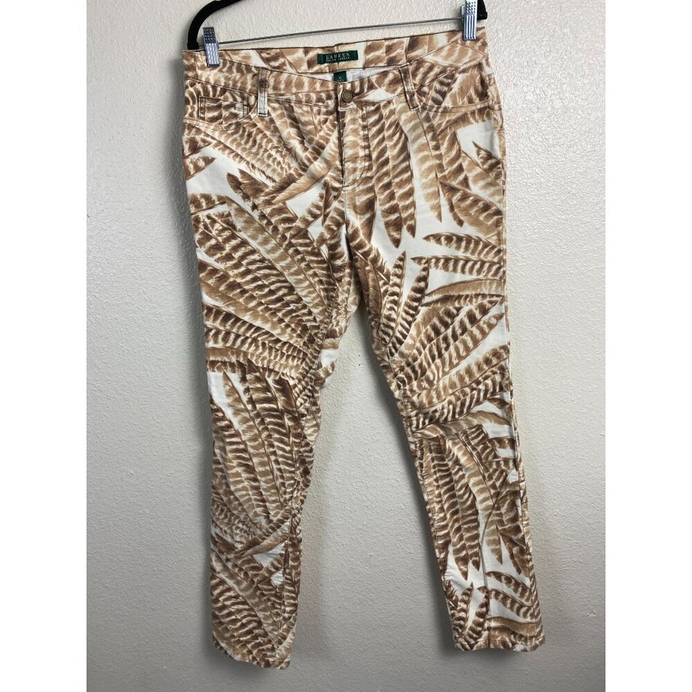 Lauren Ralph Lauren Womens Brown Feather Tribal Velvet Pants Size 10 Palm Skinny